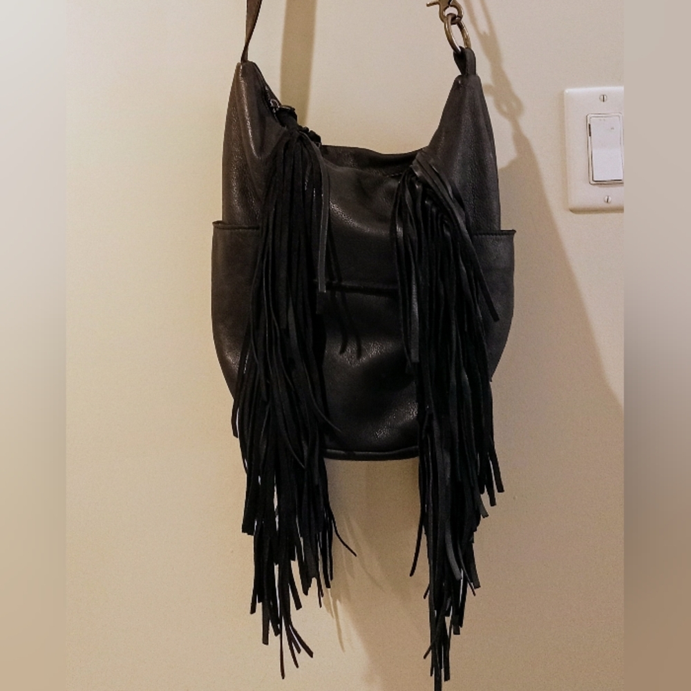 Cut n' Paste black leather fringe moto bag